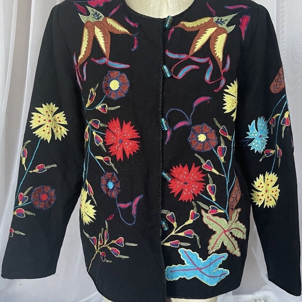Alex Kim Women Embroidered Flower Black Vintage Boho Chic Jacket Size XL